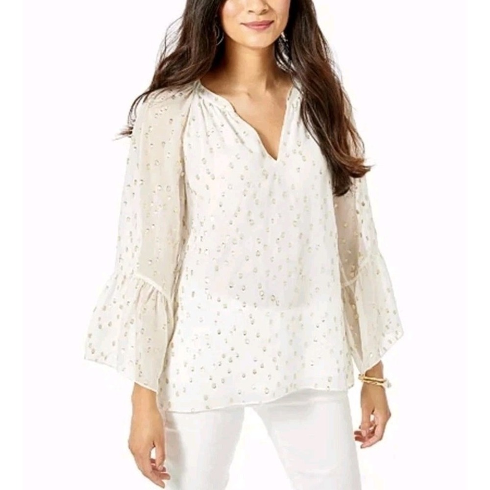Lilly Pulitzer Silk Gold Metallic Clip Dot V-Neck Bell Sleeve Blouse Cream XS